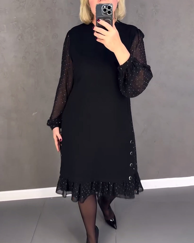 Round Neck Sheer Dot Sleeve Ruffle Hem Shift Midi Dress 7