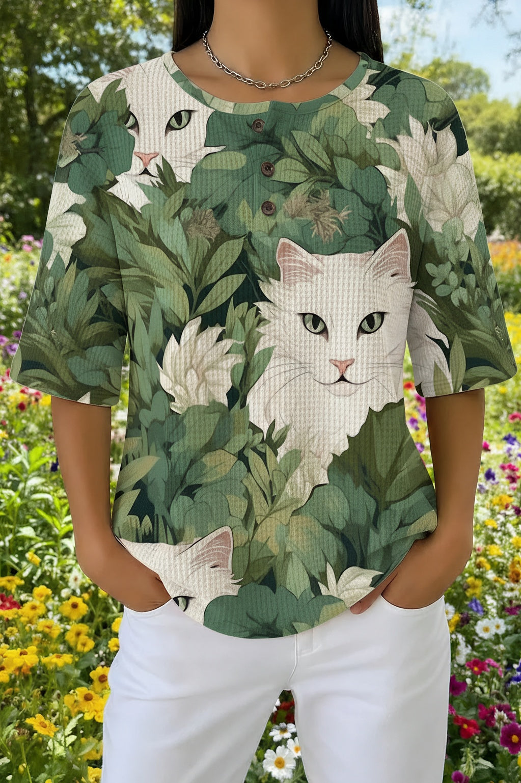 Cat and Foliage Print Waffle Knit Henley Short Sleeve Top