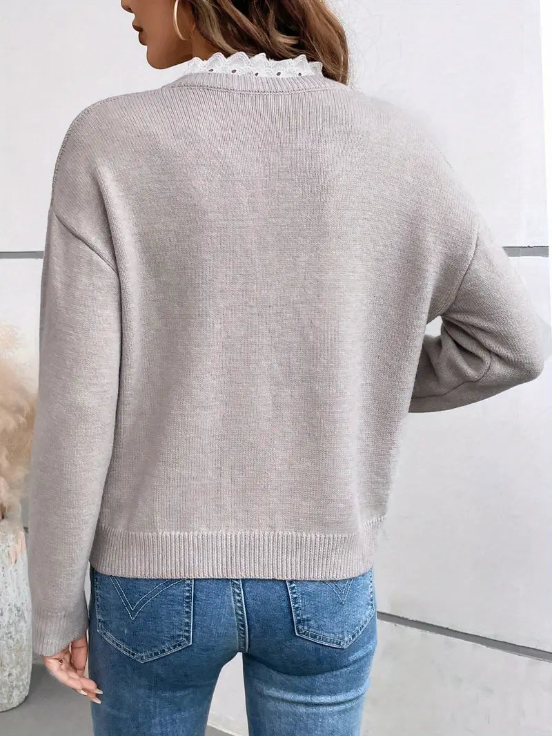 Lace Trim V-Neck Long Sleeve Knit Sweater 5