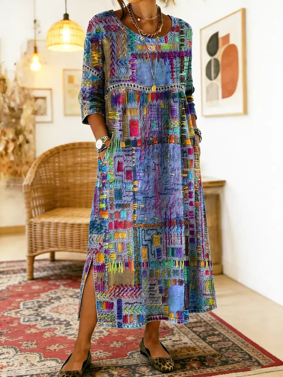 Patchwork Print Round Neck Pocket A-Line Maxi Dress 2