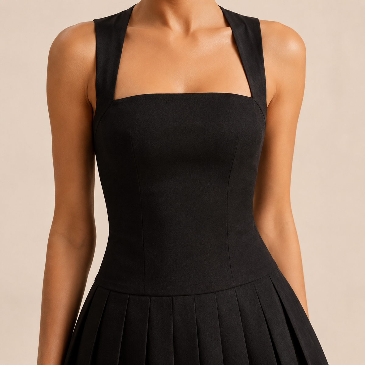 Square Neck Sleeveless Pleated Skater Mini Dress 2