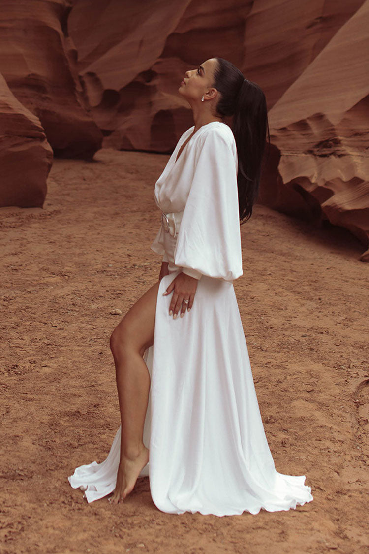 Elegant Deep V Bishop Sleeve High Split Evening Maxi Dress - White - View 3