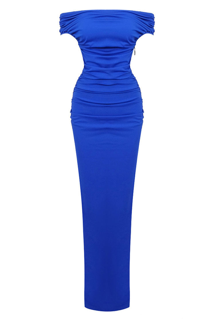 Off Shoulder Ruched Size Zip Evening Maxi Dress - Royal Blue - View 6