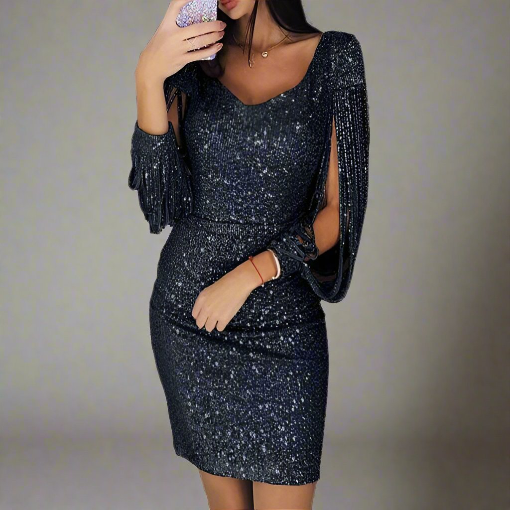 Sequin V-Neck Tassel Sleeve Ruched Bodycon Mini Dress - View 7