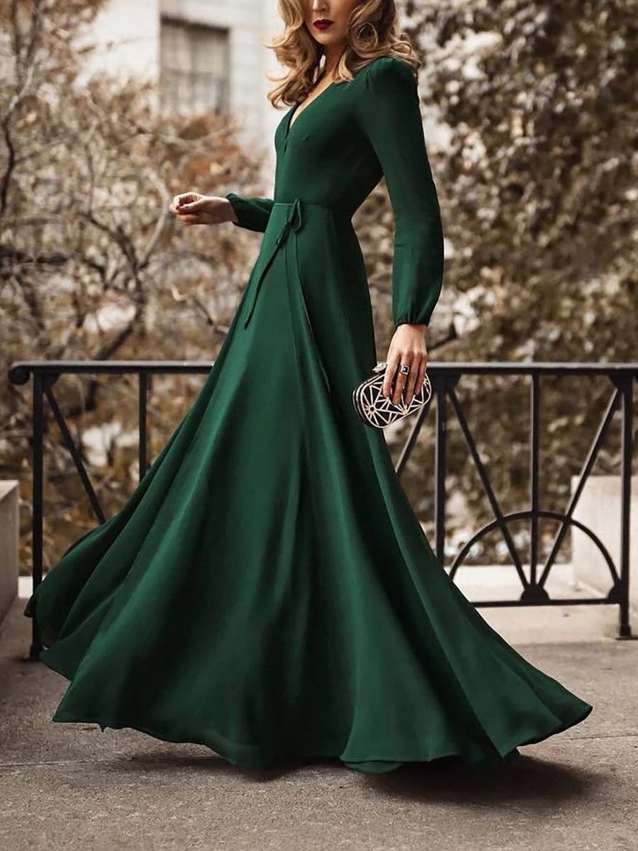 Deep V-Neck Long Sleeve Wrap Tie Belt Fit and Flare Maxi Dress - View 7