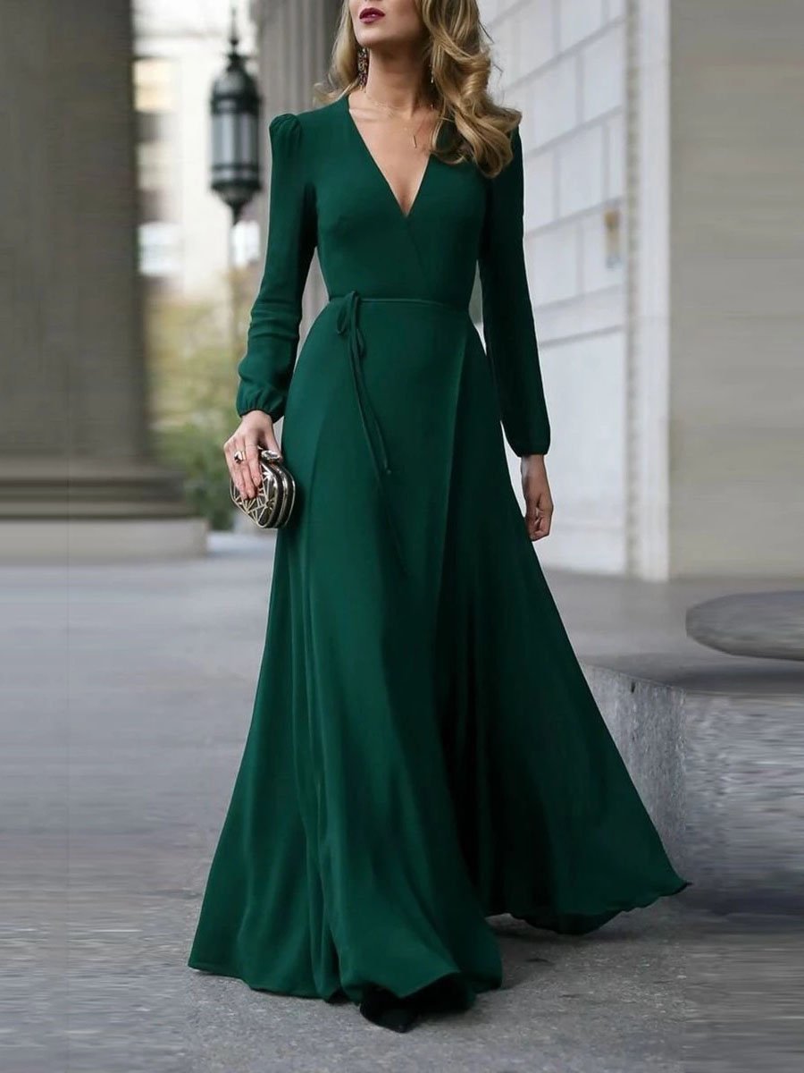 Deep V-Neck Long Sleeve Wrap Tie Belt Fit and Flare Maxi Dress - View 4