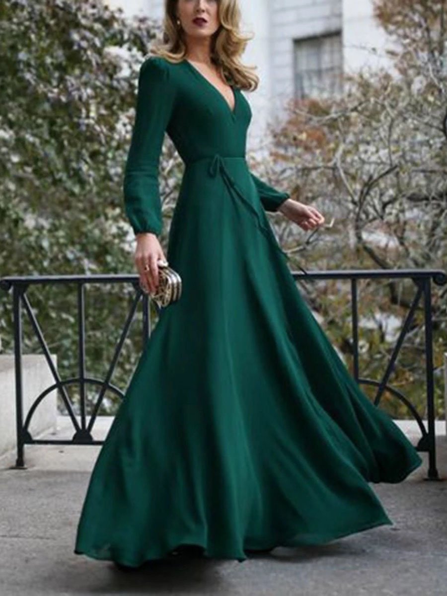 Deep V-Neck Long Sleeve Wrap Tie Belt Fit and Flare Maxi Dress - View 5