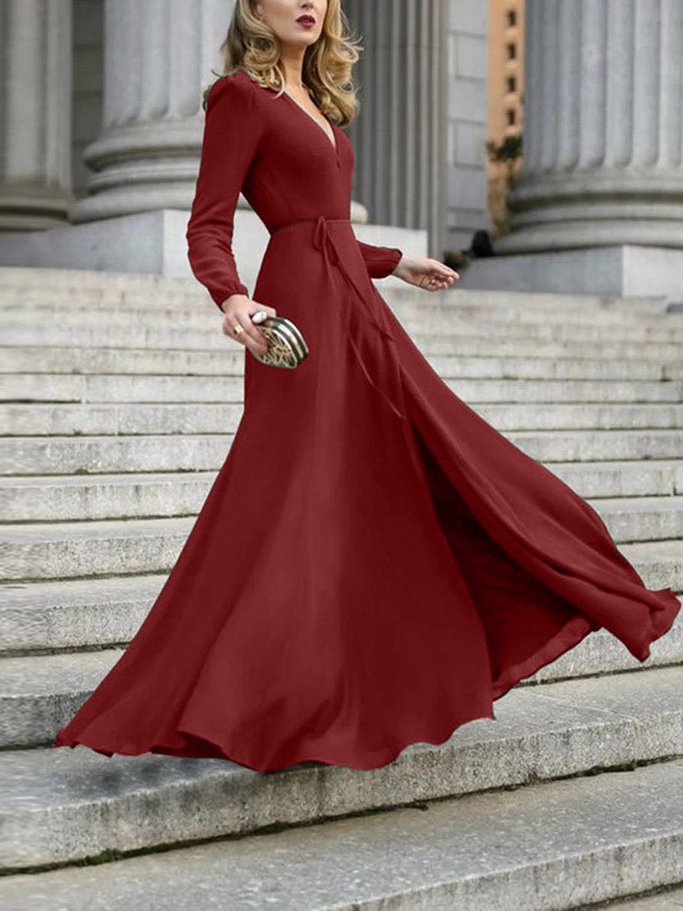 Deep V-Neck Long Sleeve Wrap Tie Belt Fit and Flare Maxi Dress - View 9