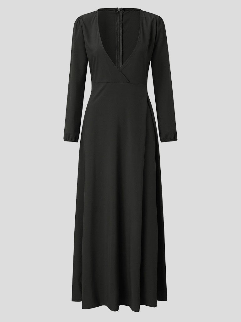 Deep V-Neck Long Sleeve Wrap Tie Belt Fit and Flare Maxi Dress - View 13