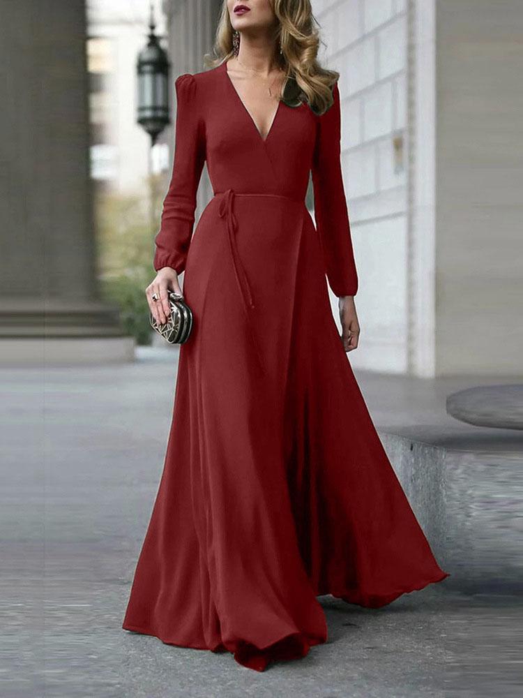 Deep V-Neck Long Sleeve Wrap Tie Belt Fit and Flare Maxi Dress - View 8