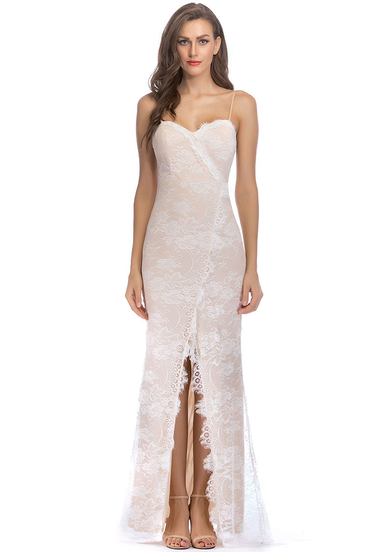 Sweetheart Spaghetti Strap High Split Evening Maxi Dress - Beige