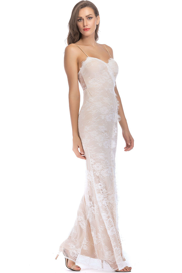 Sweetheart Spaghetti Strap High Split Evening Maxi Dress - Beige - View 2