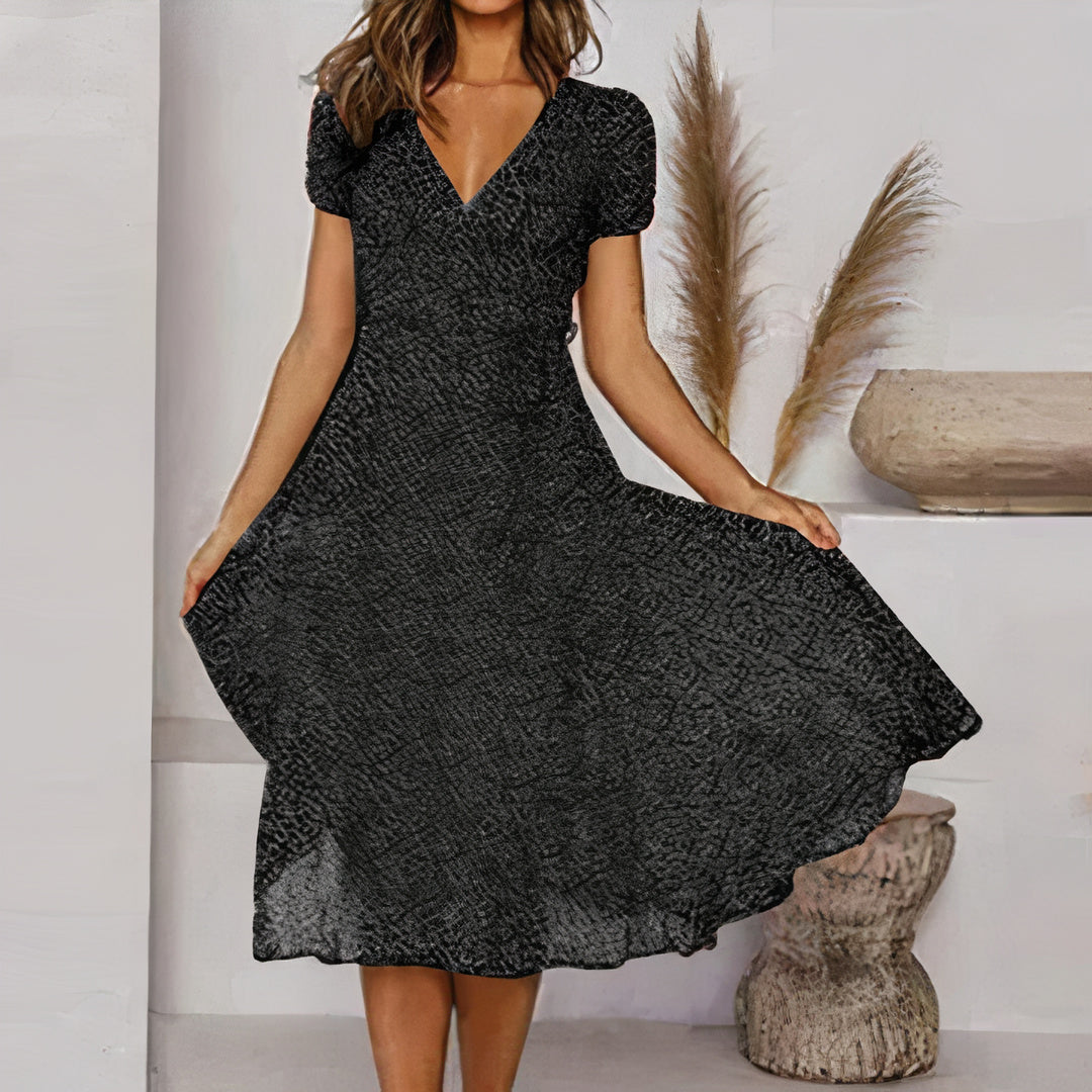 Snakeskin Print V-Neck Short Sleeve Fit and Flare Midi Dress