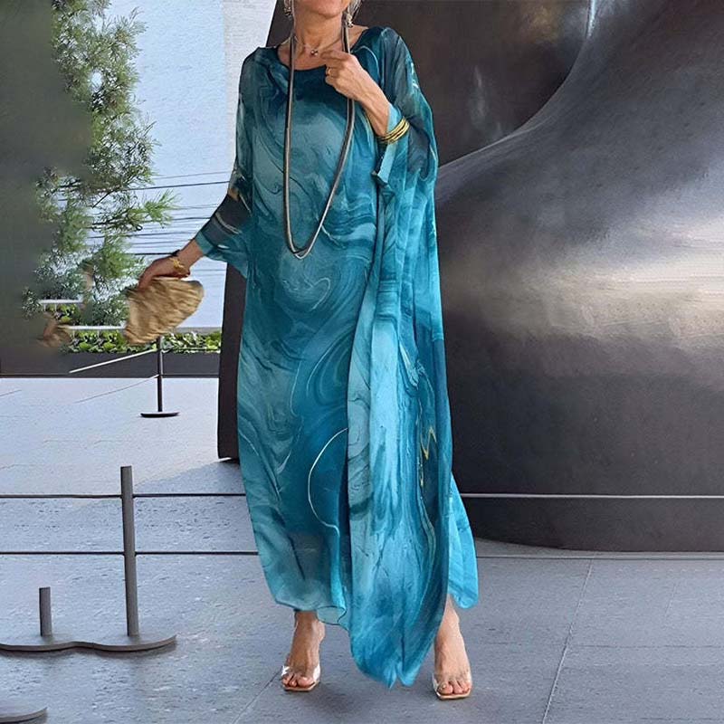 Marble Print Long Sleeve Kaftan Chiffon Maxi Dress