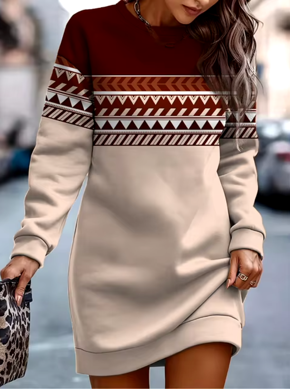 Long Sleeve Crew Neck Color Block Knit Sweatshirt Mini Dress - View 3