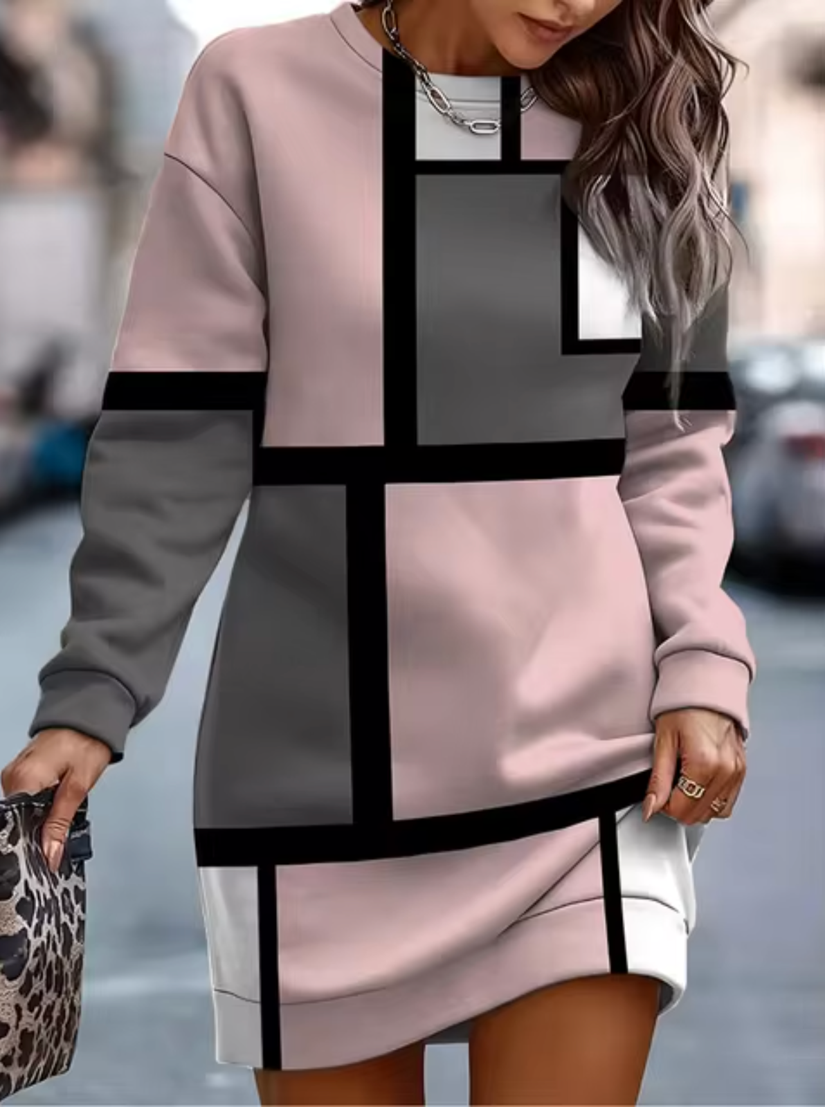 Long Sleeve Crew Neck Color Block Knit Sweatshirt Mini Dress