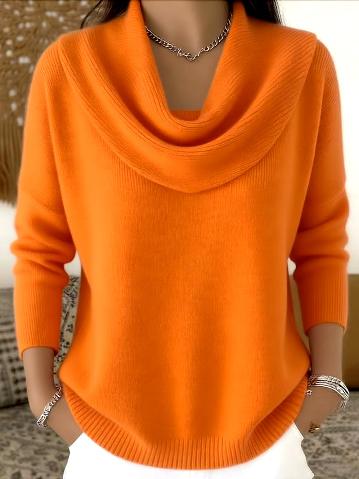 Cowl Neck Long Sleeve Curved Hem Knit Sweater 9