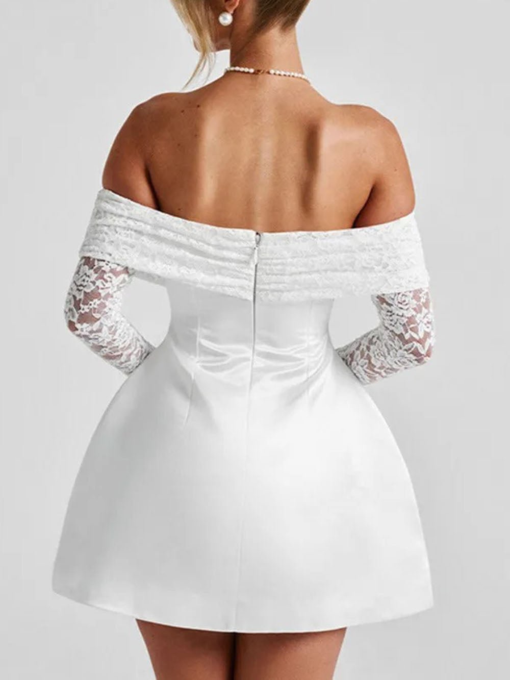 Elodie Off Shoulder Lace Mini Dress in White - View 2