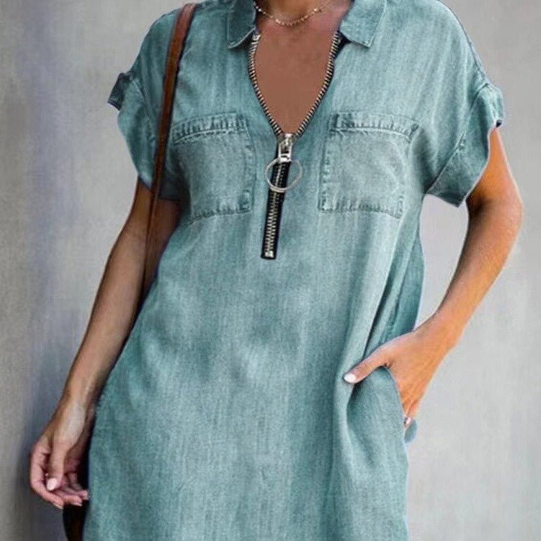 Zip Front Collar Short Sleeve Denim Shirt Midi Dress - View 6