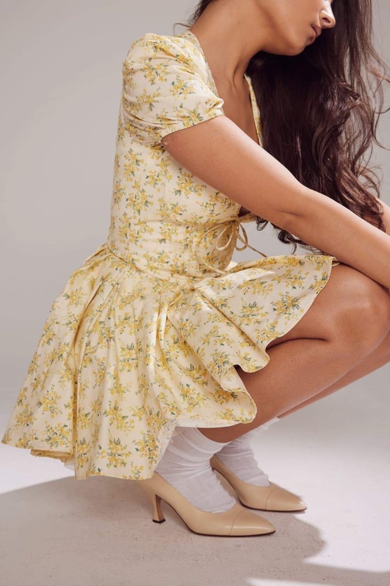Floral Deep V-Neck Puff Sleeve Corset Tiered Mini Dress - View 7