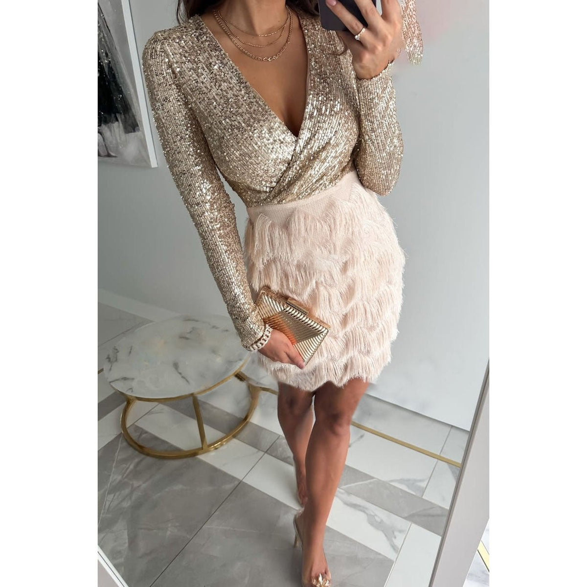 Sequin Bodice Wrap Deep V-Neck Long Sleeve Cocktail Mini Dress