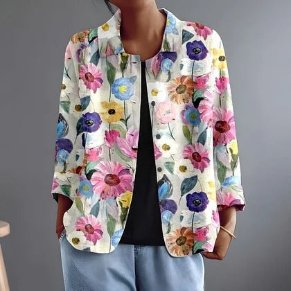 Painted Floral Print Stand Collar Open Front Jacket