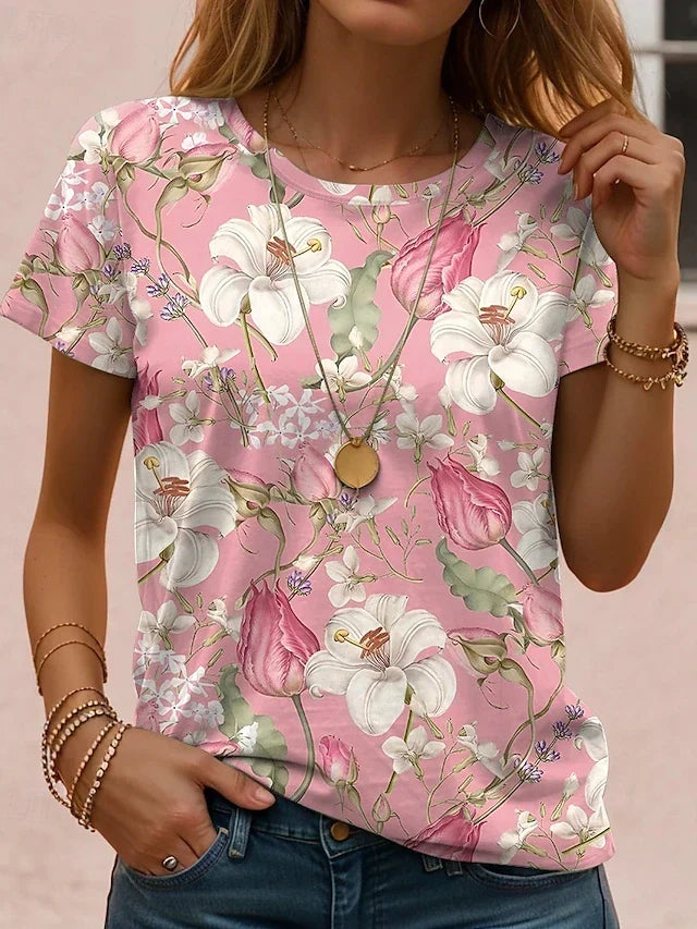 Floral Print Round Neck Short Sleeve Top 7
