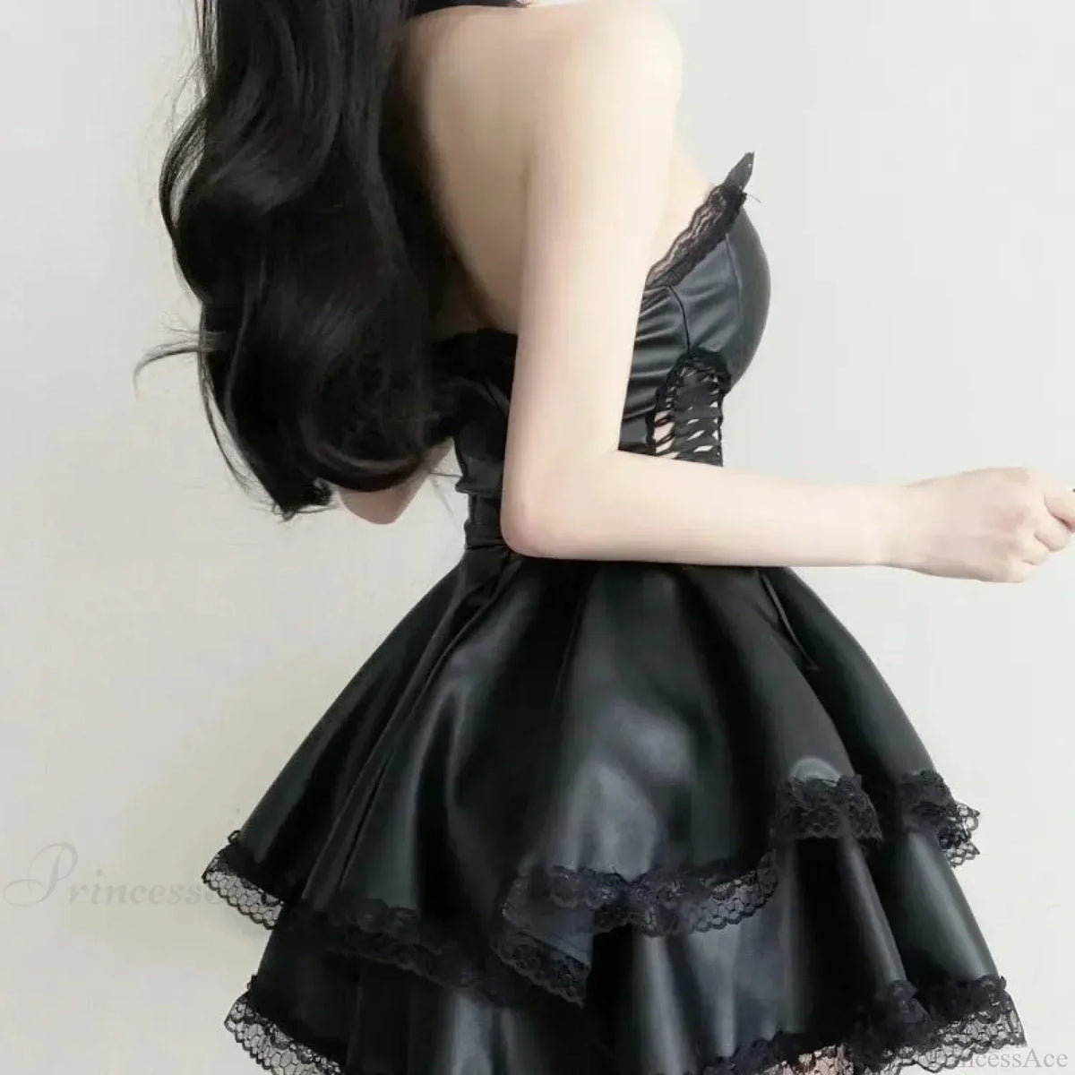 Faux Leather Strapless Lace Up Lace Trim A-Line Mini Dress - View 4