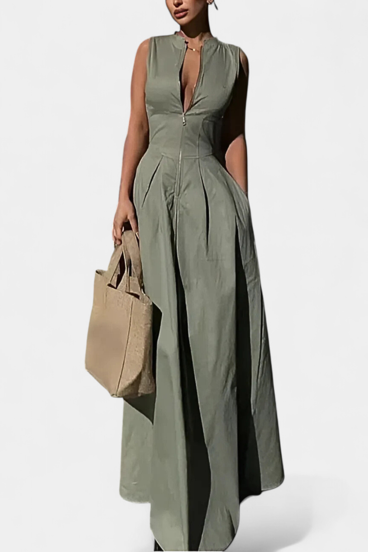 Deep V-Neck Sleeveless Pleated Wide Leg Jumpsuit 12