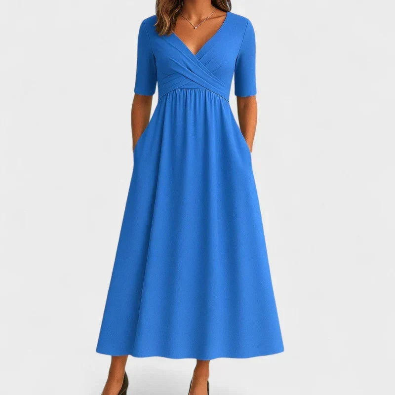 V-Neck Short Sleeve Wrap Fit and Flare Midi Dress 7