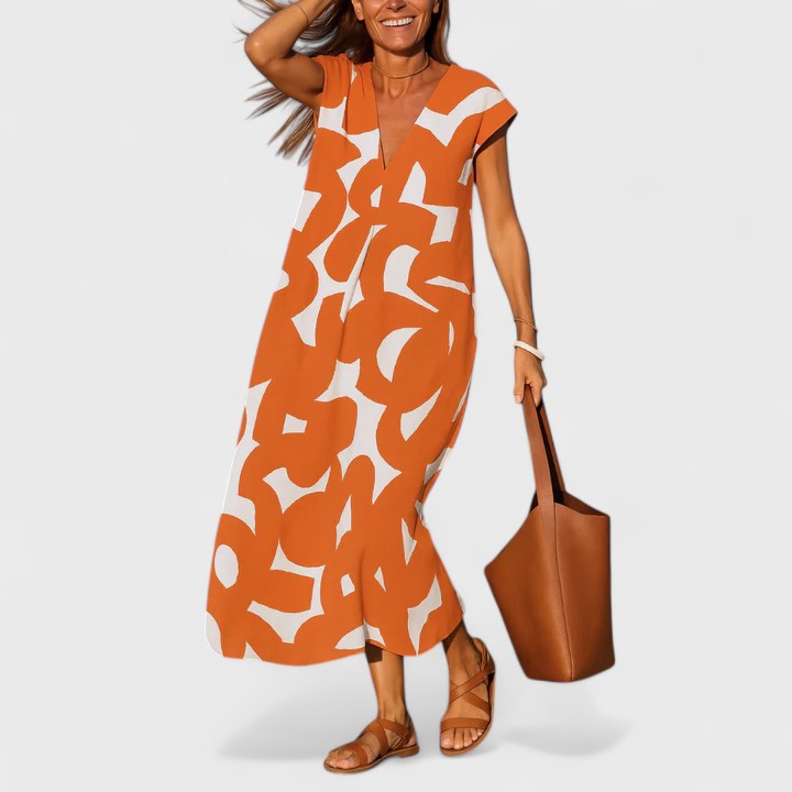 Geometric Print V-Neck Cap Sleeve A-Line Maxi Dress 8