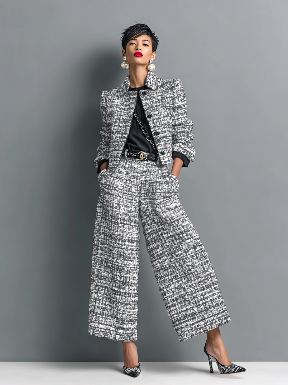 Tweed Button Jacket and Wide Leg Pants Two Piece Set 2