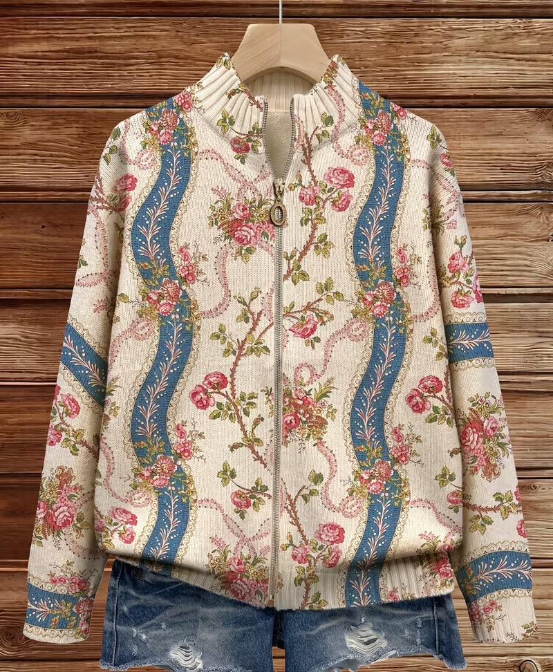 Floral Zip Front Stand Collar Knit Cardigan 2