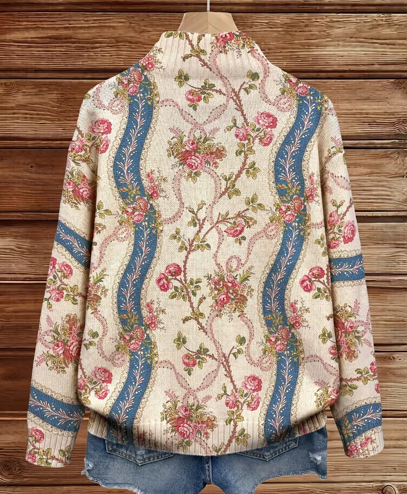 Floral Zip Front Stand Collar Knit Cardigan 3