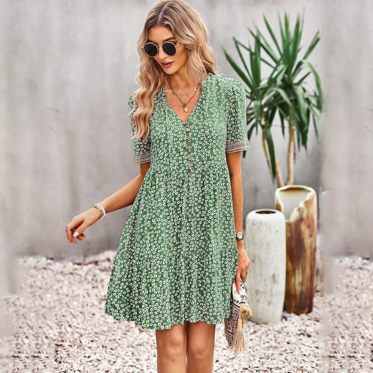 Lace Trim V-Neck Button Front Tiered Babydoll Mini Dress - View 6
