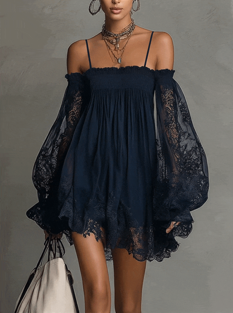 Off Shoulder Lace Bell Sleeve Smocked Mini Dress 6