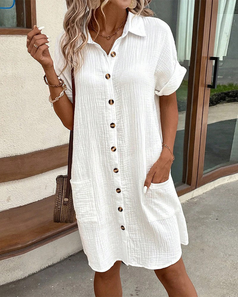 Crinkle Button Front Short Sleeve Pocket Shirt Dress 6