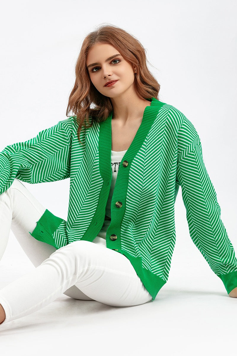 Long Sleeve Loose Knit Cardigan Sweater One Size / Green