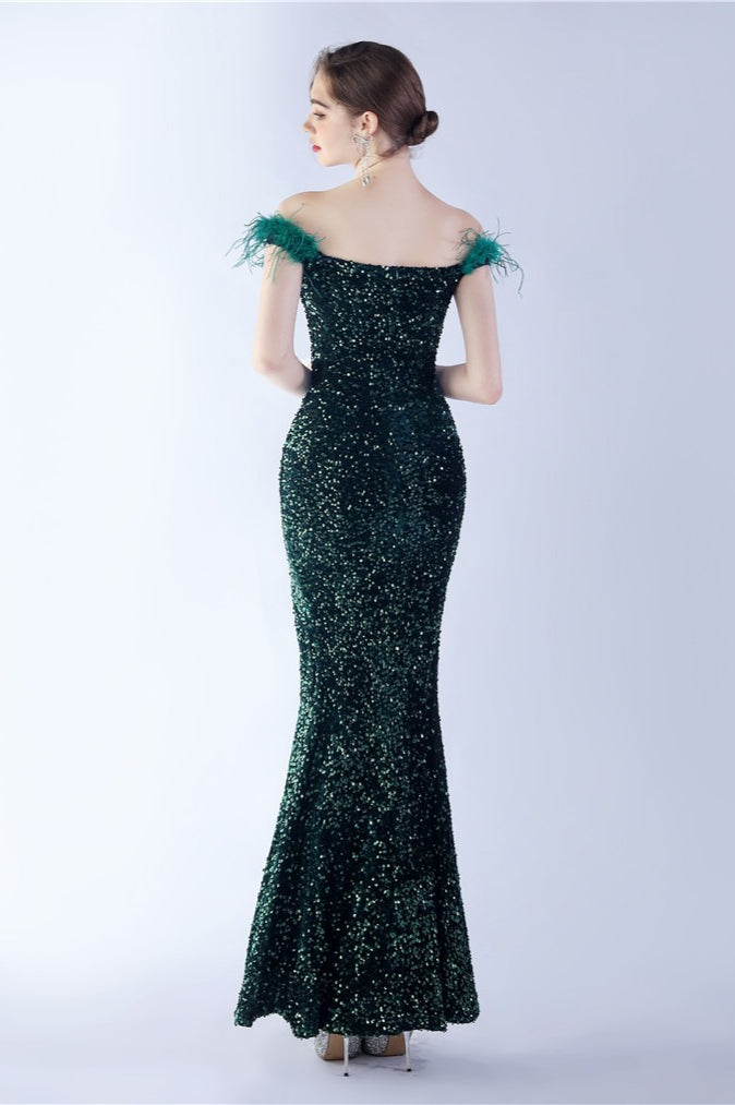 Sequin Off Shoulder Feather Trim High Split Mermaid Gown 31
