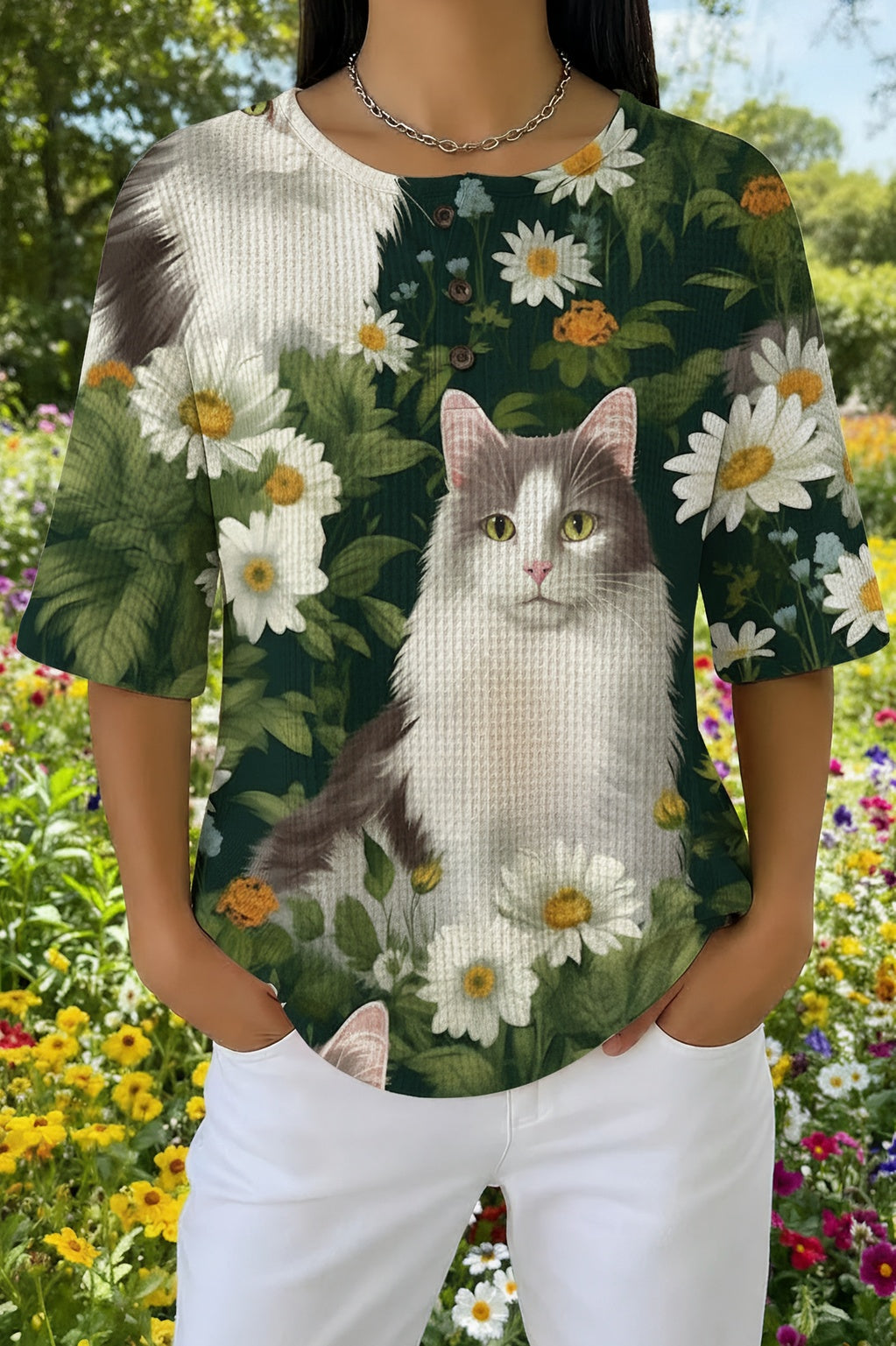 Daisy Floral Cat Print Waffle Knit Short Sleeve Henley Top