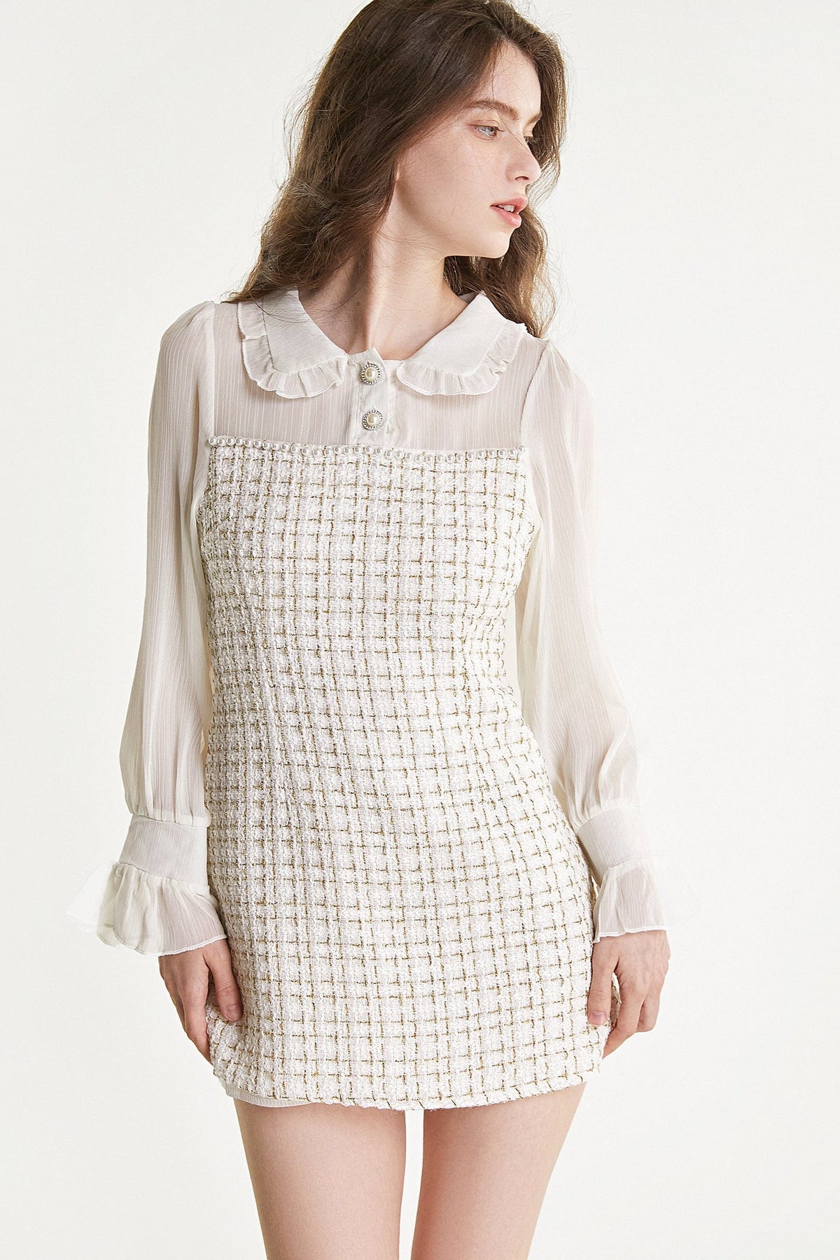 White Mesh Yoke Tweed Mini Dress