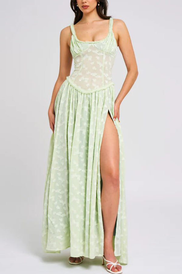 Garden Elf Lace Jacquard Textured Square Neck High Slit Maxi Dress - View 8
