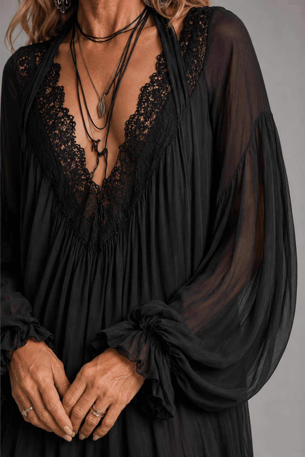 Lace Trim Deep V-Neck Long Sleeve Flowy Mini Dress 4