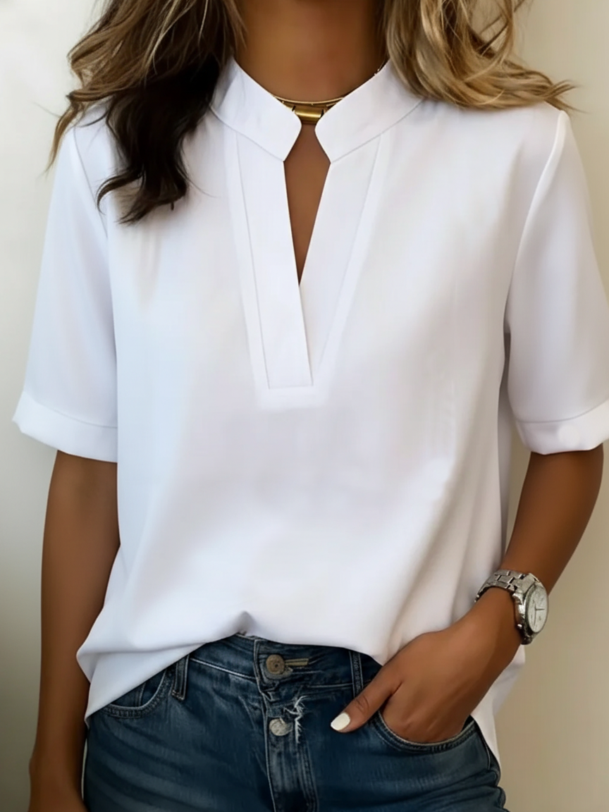 Stand Collar Notch Neck Short Sleeve Blouse