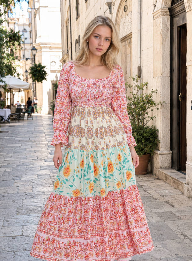 Floral Square Neck Long Sleeve Smocked Tiered Maxi Dress 6