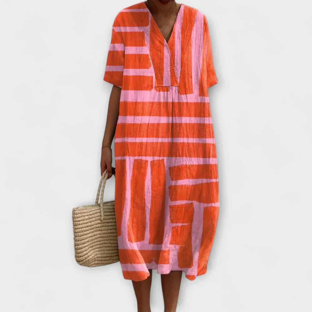 Abstract Stripe Print V-Neck Short Sleeve Shift Midi Dress