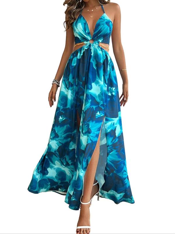 Tropical Floral Halter Deep V-Neck Cut Out High Split Maxi Dress 4