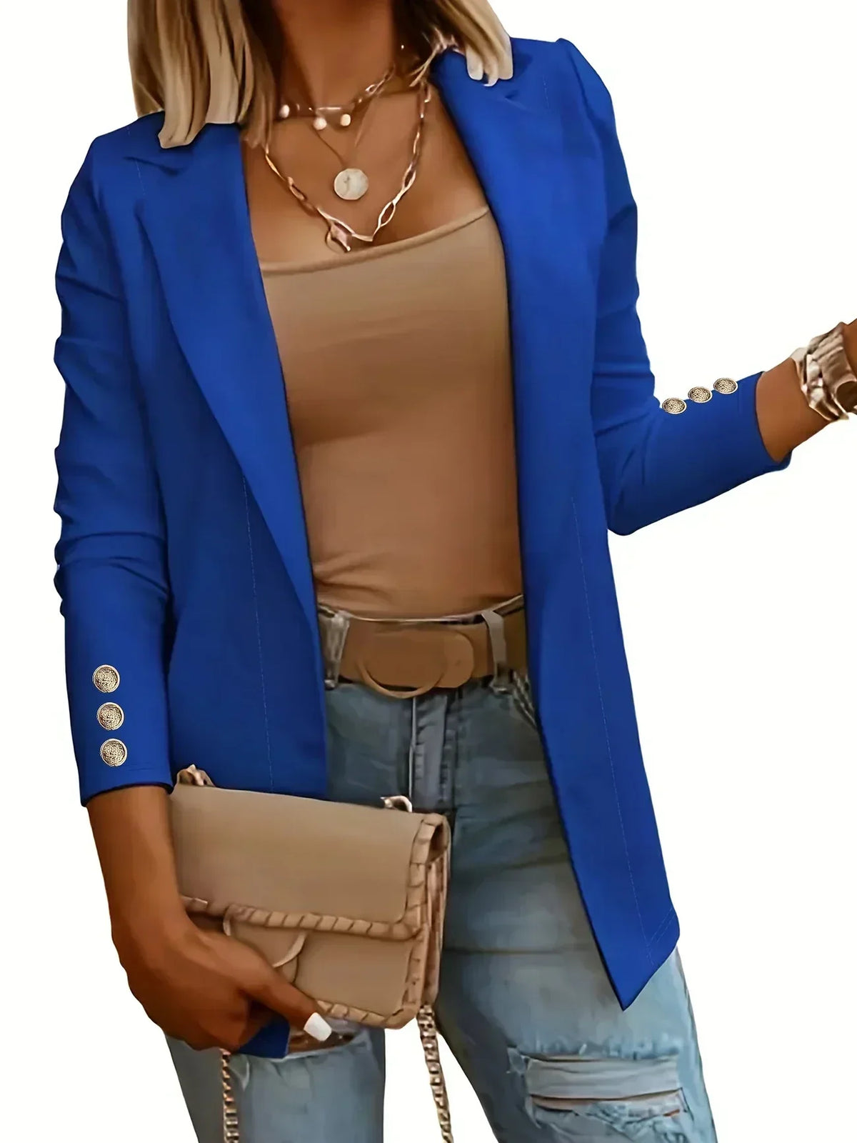 Notch Lapel Button Cuff Open Front Blazer 5