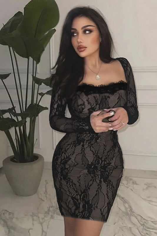 Lace Square Neck Long Sleeve Bodycon Mini Dress - View 2