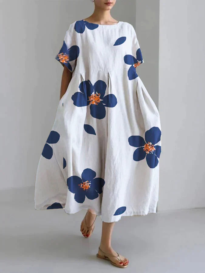 Floral Print Round Neck Short Sleeve Loose Midi Dress - View 3